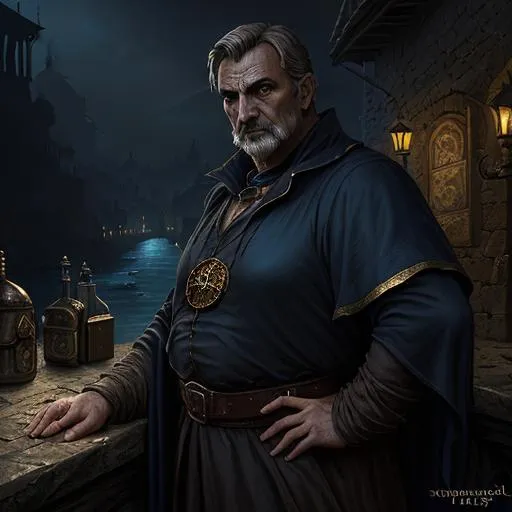 Prompt: highest quality concept art masterpiece, dark fantasy, Ravenloft, digital drawing, photo-realistic, Italian, Roma, short hair,  dull clothes with gold and dark blue, older male merchant, chubby, professional merchant, rich and knows it, dark, night, mists, coastal village, 
