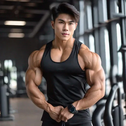 Prompt: High quality photo shoot of a pretty, beautiful, and glamorous, muscular and buff Asian twink, wearing gear, flexing muscles. 4K.