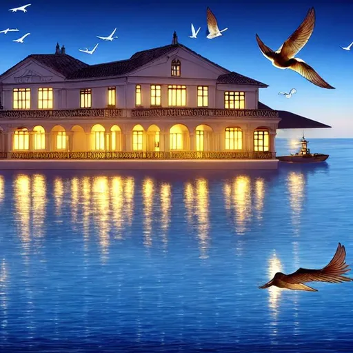 Prompt: beautiful antique european villa in the middle of the ocean late evening with fyling planes and birds flying at the horizon cozy