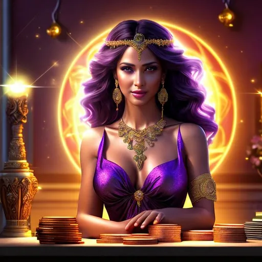Prompt: HD 4k 3D 8k professional modeling photo hyper realistic beautiful woman ethereal greek goddess of prosperity
purple hair brown eyes gorgeous face tan skin shimmering dress jewelry tiara full body surrounded by magical glowing light hd landscape background garden table filled with coins drink and food