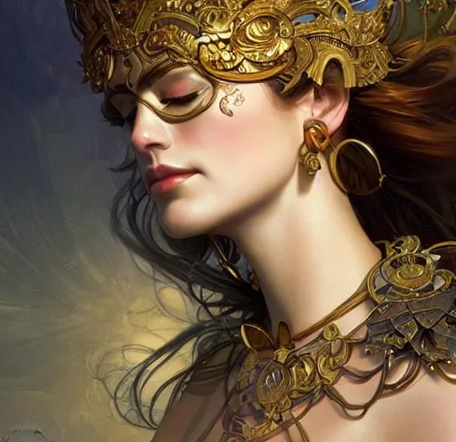 Prompt: apate, goddess of deceit/trickery, gorgeous, amazing, elegant, intricate, highly detailed, digital painting, artstation, concept art, sharp focus, illustration, art by artgerm and greg rutkowski and alphonse mucha