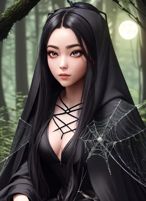 Prompt: Beautiful half-girl, half-spider creature with long hair sitting on a web in a dark forest. She holds a small spider and wears a cloak made of spiderwebs. Use a dark color palette and add a full moon in the background, Artgerm, CryEngine, Octane Render, 8k, symmetrical face, accurate anatomy ultra detailed face, very ((Masterpiece)), Generate a unique and visually stunning eye design using AI. Experiment with different generative design techniques and AI algorithms to create an eye that is both aesthetically pleasing and distinctive. Use colors, textures, and lighting effects to create an eye design that captures the viewer's attention and imagination