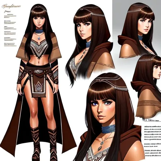 Prompt: {Concept sheet}Naomi Scott, 26 years old, wearing brown hooded tribal tunic, parted bangs, brown hair with highlights, brown eyes, ethereal, jewelry set balayage wild hair,{Concept sheet} royal vibe, highly detailed, digital painting, Trending on artstation ,tan skin, HD quality, Big Eyes,artgerm, by Ilya Kuvshinov 