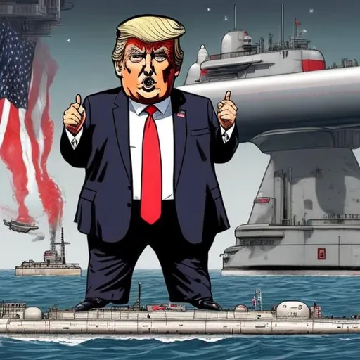 Prompt: Obese Trump on the peer  in front of a blood dripping  grey nuclear submarine with nuclear warheads in drydock, stars and stripes, dark-blue suit, too long red tie to the floor, u-boat scene, muted colored, Sergio Aragonés MAD Magazine cartoon style