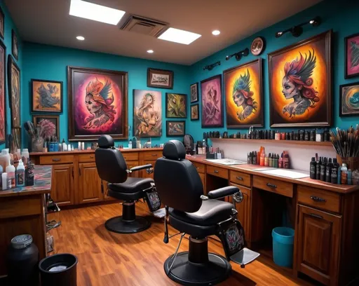Prompt: Realistic oil painting of a vibrant and colorful Fantasia tattoo studio interior, intricate tattoo designs on display, skilled tattoo artists at work, clients getting inked, detailed and vibrant color palette, professional and intricate artistic style, realistic lighting and shadows, high-quality, detailed interior, skilled tattoo artists, vibrant and colorful, realistic oil painting, detailed tattoo designs, clients getting inked, professional, intricate, realistic lighting