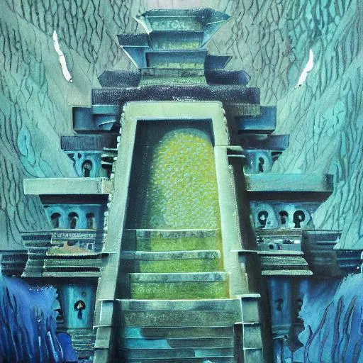 Prompt: a painting of an underwater ornate ziggurat, dark