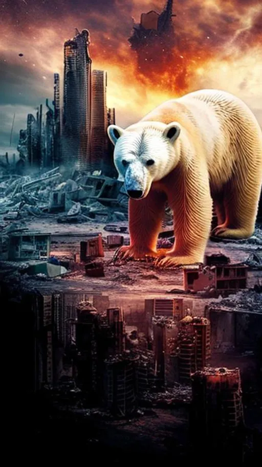 A polar bear merged with a destroyed city