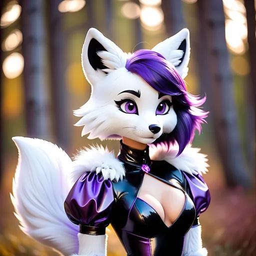 Prompt: Female white fox, short black and purple hair, fluffy, furry, fursuit, anthropomorphic, shiny latex dress
