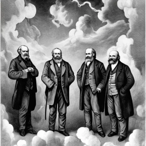 Prompt: Karl Marx,  John Locke and  John Dewey in heaven looking someone below them.