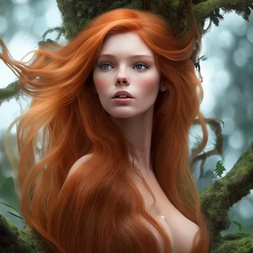 Prompt: Could you make an image in high-definition of the most beautiful woman anyone has seen on this earth with long red blondish hair? with her body stretched out of a giant tree and black panthers surrounding her 