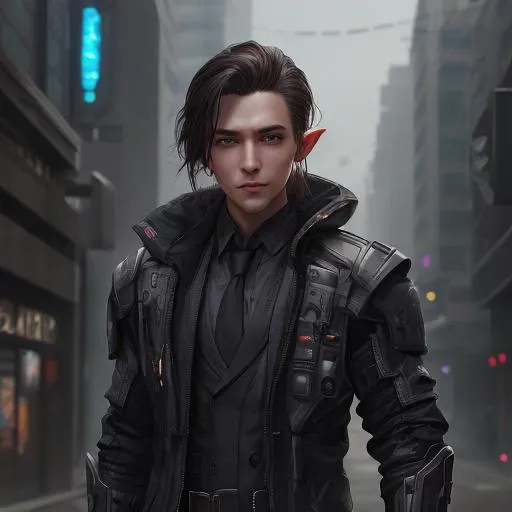 Prompt: male shadowrun elf, dark hair, light brown eyes, small ears, wearing black tie suit, standing in a cyberpunkt city street, cloudy smoke, fantasy cyberpunk, magic light aura, a faint ghost in the background, the elf is excited, symmetrical, perfect composition, hyperrealistic, super detailed, 8k, high quality, Splash art, front, epic Instagram, artstation, hyperdetailed intricately detailed, unreal engine, intricate detail, splash screen, complementary colors, concept art, 8k, heavy strokes, splash arts, full height, full body focus