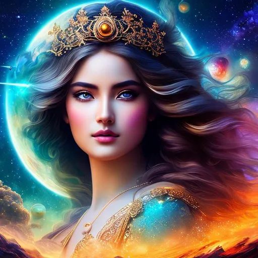 Prompt: create photograph of most beautiful fictional summer female goddess princes with beautiful eyes and hair, extremely detailed face, space and planets an nebulae in sky highly detailed, extremely detailed environment, extremely detailed background, intricate, extremely detailed skin, natural colors , professionally color graded, photorealism, 8k, realistic, moody lighting, ambience lighting