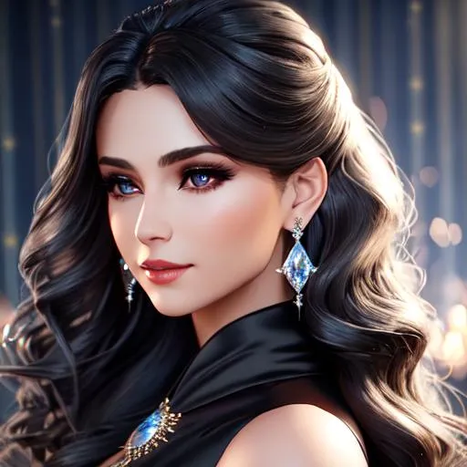 Prompt: Beautiful girl with warm gaze, ((wearing a black satin dress)), (silver wavy hair)), glowing, trails of light, slight sparkles, diamond earrings, unreal engine 8k octane, 3d lightning, stellar, quartz, gem rain, soft white skin, luminous chest, fantasy