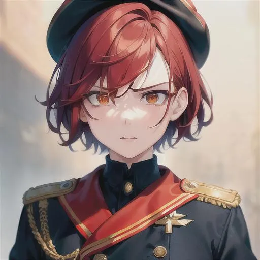 Prompt: (masterpiece, illustration, best quality:1.2), portrait, mad expression, mature look, death stare, eye bags under eyes, short pixie style red hair, orange eyes, wearing decorated soldier's uniform, wearing commanders hat, best quality face, best quality, best quality skin, best quality eyes, best quality lips, ultra-detailed eyes, ultra-detailed hair, ultra-detailed, illustration, colorful, soft glow, 1 girl