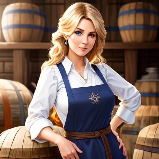 Prompt: Character concept art of a beautiful 
 and kind female brewer in her 30s with flowing light brown-blonde hair and bright blue eyes wearing a pale navy dress and a brown apron standing in front of wooden barrels with her hands on her hips, fantasy, intricate, elegant, highly detailed, digital painting, trending on artstation, detailed face, realistic face, smooth, sharp focus, illustration art by Stanley Lau