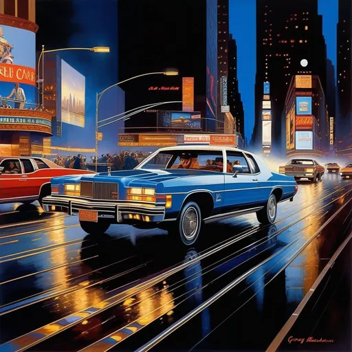 Prompt: Driver Parallel, car chase, late 70's, Times Square, New York City at night, realistic, warm blue atmosphere, extremely detailed painting by Greg Rutkowski and by Henry Justice Ford and by Steve Henderson