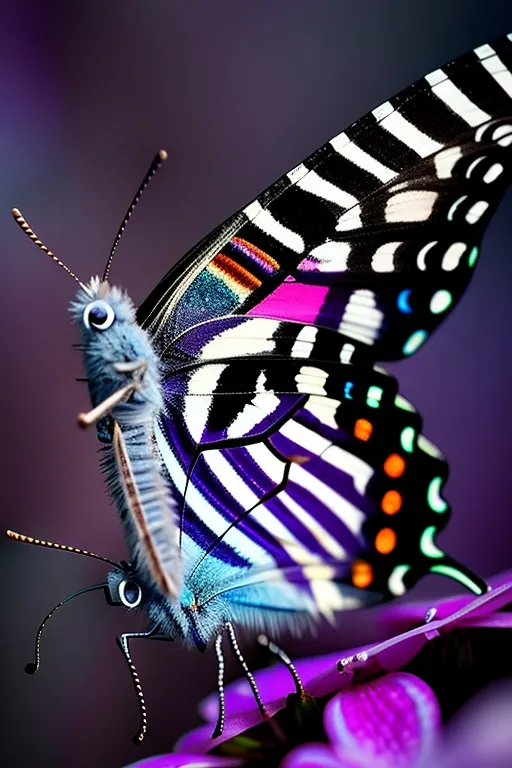 Prompt: A butterfly with purple and blue wings on the flower closeup, detailed texture and details. macro lens, product photography