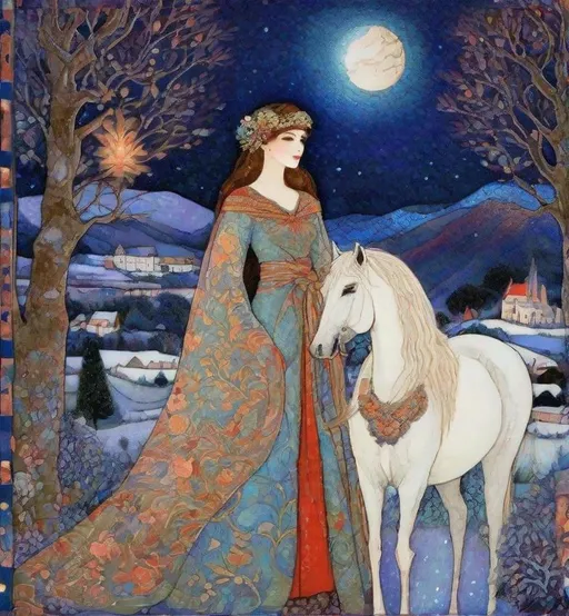 Prompt: Inlay Aubusson tapestry: a winter enchanted beautiful princess and her white horse, a whimsical village landscape background under a beautiful twilight night sky art by Jane Small, Edmund Dulac, Iris Scott, John Lowrie Morrison, Regina Valluzzi, Thomas Edwin Mostyn, Barbara Takenaga, John Piper, Abanindranath Tagore, John Bauer. 3/4 portrait, beautiful pastel aquarelle colours, crispy quality, cinematic smooth, polished finish, high quality, very clear resolution, blue, gold and rose tones, metallic glow