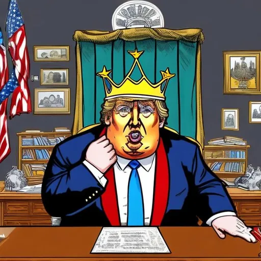 Prompt: Obese Trump as king with a crown on his head at his desk,  with stars and stripes, too long red tie + dark-blue suit, Oval Office scene, Sergio Aragonés MAD Magazine cartoon style 