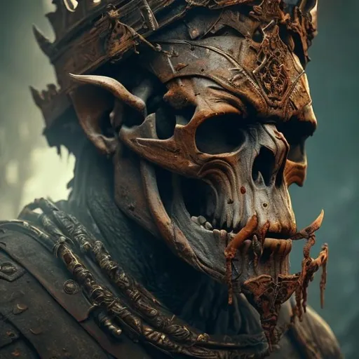 Prompt: Ancient skull of the orc king wearing a rusted crown side view hyper detailed extremely detailed dark cinematic UHD