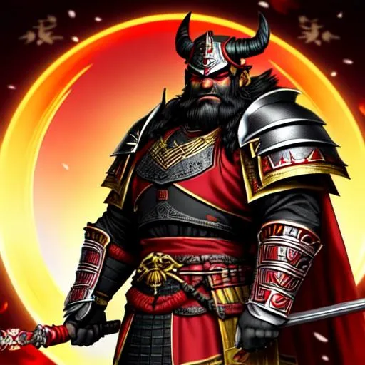 Prompt: A orc wearing ancient red and gold ancient Japanese/Viking style imperial samurai armor. black hair, green eyes, long black fu manchu facial hair.