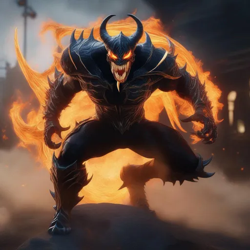 Prompt: a death knight with a Venom mouth (Venom movie), with horns forward on his forehead, orange fire eyes, FULL BODY, Hyperrealistic, sharp focus, Professional, UHD, HDR, 8K, Render, electronic, dramatic, vivid, pressure, stress, nervous vibe, loud, tension, traumatic, dark, cataclysmic, violent, fighting, Epic