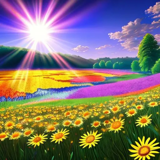 Prompt: Sun rays shining down over a field of multicolored flowers around a Lake, Vivid Colors, hyperdetailed, photorealistic, Beautiful Details, intricate Details, Colorful, Film Quality, 3D, 64K resolution, Dynamic Lighting, Sun Spot, Detailed Flower Peddles. daisies in the forefront