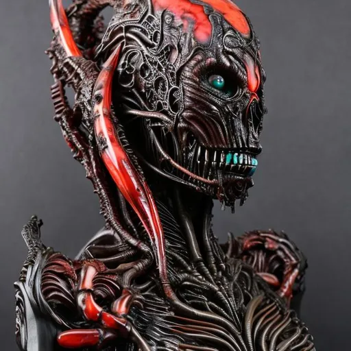 Prompt: Woman alien giger made of red glowing obsidian turquoise shell bone coral jet ultra detailed realistic 