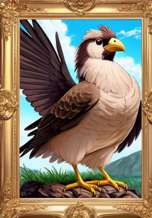 Prompt: UHD, , 8k,  oil painting, Anime,  Very detailed, zoomed out view of character, HD, High Quality, Anime, , Pokemon, Pidgey is a small, plump-bodied avian Pokémon with bold sharp facial features. It is primarily brown with a cream-colored face, underside, and flight feathers. On top of its head is a short crest of three tufts. The center crest feathers are brown and the outer two tufts are cream-colored. Just under its crest are its narrow eyes which have white sclera and pupil along with its black irises. Angular black marking extend from behind its eyes and continue down its cheeks. It has a short, stubby beak and feet with two toes in front and one in back. Both its beak and feet are a grayish-pink. It has a short, brown tail made of three feathers.

Pidgey has an extremely sharp sense of direction and homing instincts. It can travel straight back to its nest regardless of how far away they might have flown. It is a docile Pokémon and generally prefers to flee from its enemies rather than fight them. By flapping its wings rapidly, it can whip up dust clouds and create whirlwinds to protect itself and flush out potential pre

Pokémon by Frank Frazetta