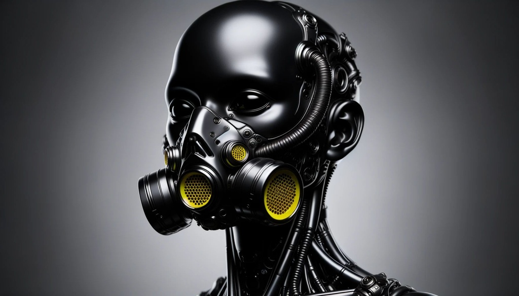 Prompt: black female android head with yellow gas mask, in the style of dark silver and black, detailed hyperrealism, afrofuturism, luminous 3d objects