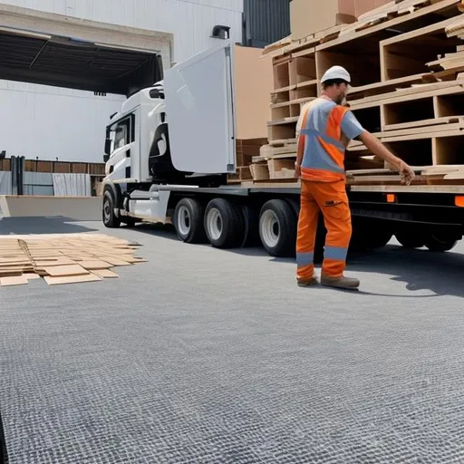 Prompt: A worker loading vinyl planks, tiles and carpet to a truck