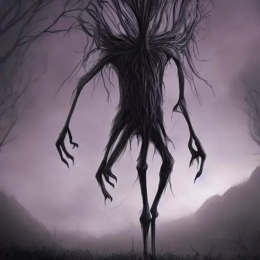 Prompt: Long Shadow monster and has long legs and armswith one glaring red eye, and thick, long limbs
 creepy nightmare uhd hd 8k high quality dark theme 