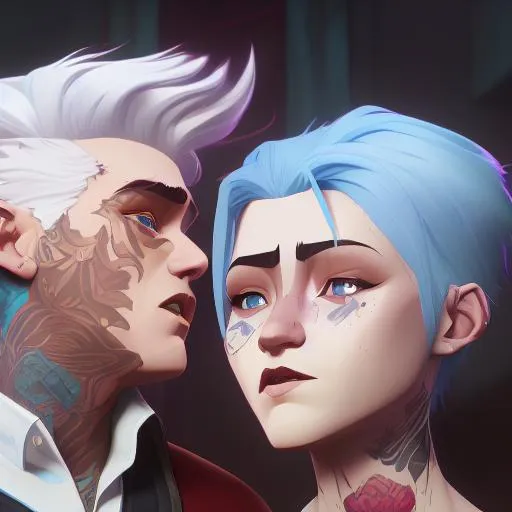 Prompt: ((whole body)) female ((white hair)) male ((blue hair)) beautiful couple romanticly involved and tattooed, smoking marijuana together, highest of detail quality. 4x face quality