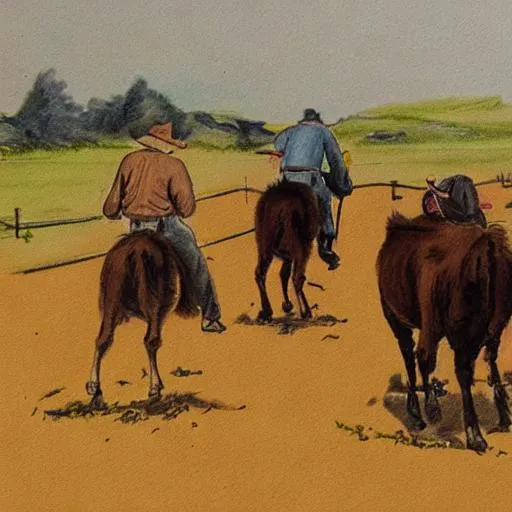 Prompt: people herding cattle on horses with dog sketch simple

