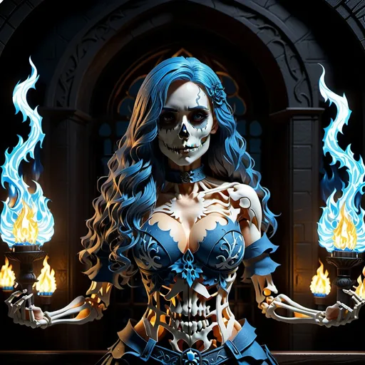 Prompt: 4k UHD anime illustration of a powerful female ghost rider skeleton form, blue flames, nordic victorian, gothic autonomy body shape, muscular slim tone, perfect abs six pack, detailed arms, legs, hands, feet, toes, fingers, intense gaze, detailed eyes, anime style, gothic, nordic, blue flames, powerful, highres, ultra-detailed, professional, atmospheric lighting