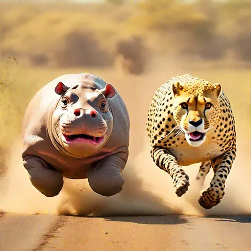 Prompt: A hippo and a cheetah run a race