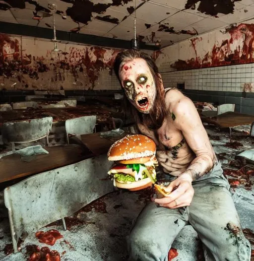 Prompt: Zombie eating a burger in abandoned restaurant.