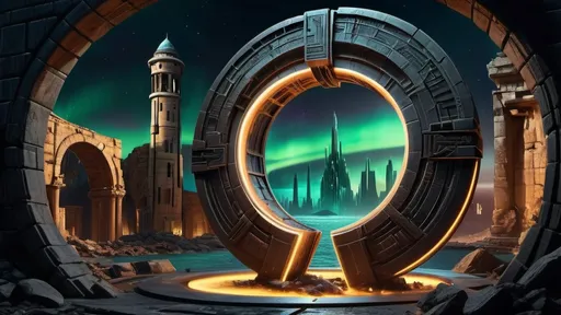 Prompt: magical portal between cities realms worlds kingdoms, circular portal, ring standing on edge, upright ring, freestanding ring, hieroglyphs on ring, complete ring, ruins, ancient roman architecture, atlantis city plaza setting, aurora borealis, panoramic view, dark night, futuristic cyberpunk tech-noir setting