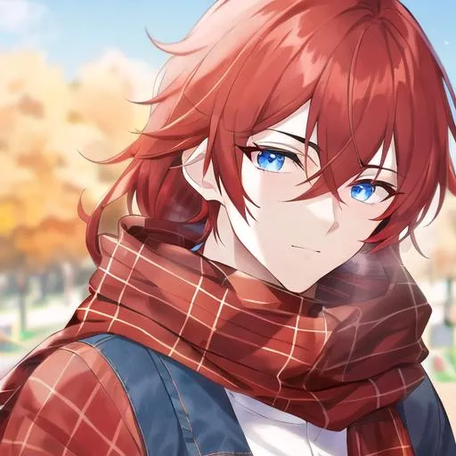 Prompt: Zerif 1male (Red side-swept hair covering his right eye, blue eyes), highly detailed face, wearing a cozy flannel shirt and a pair of stylish jeans. In the park, fall.  wearing a scarf, looking up at the sky, in a pumpkin patch, adult. Handsome,  detailed, UHD, HD, 4K, highly detailed, red haze, masculine, anime style