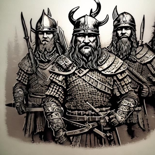 Highly detailed multiple vikings in a battlefield st...