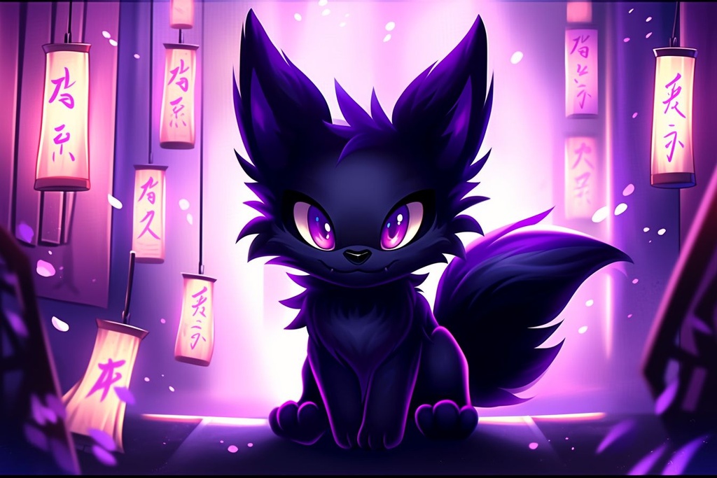 Prompt: purple jackal yokai --no white --upbeta --niji 5 --style cute --ar 3:2