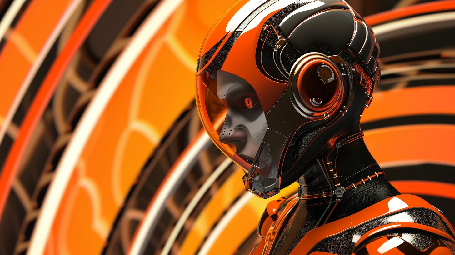 Prompt: Create a hyper-realistic 3D render of a futuristic android with a humanoid face and complex features. The android should have a polished, segmented helmet with a bright orange and black color scheme, embellished with circular patterns and protruding spherical nodes. It should have intense, dramatic eyes with stylized makeup and metallic orange lips to complement the helmet's color. The android's neck and shoulders should appear constructed from a flexible mesh with hexagonal openings, hinting at the sophisticated machinery beneath. The backdrop should feature an array of swirling, concentric curves in alternating dark and bright orange, enhancing the three-dimensional effect and giving an illusion of depth and motion.