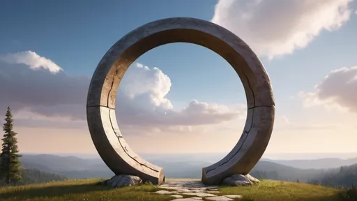 Prompt: circular portal, gateway between realms, ring, ring standing on edge, freestanding ring, complete ring, panoramic view