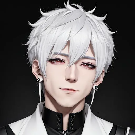 Prompt: Saiko Male (short pure white hair) 8k, UHD, happy, black earrings, anime style
