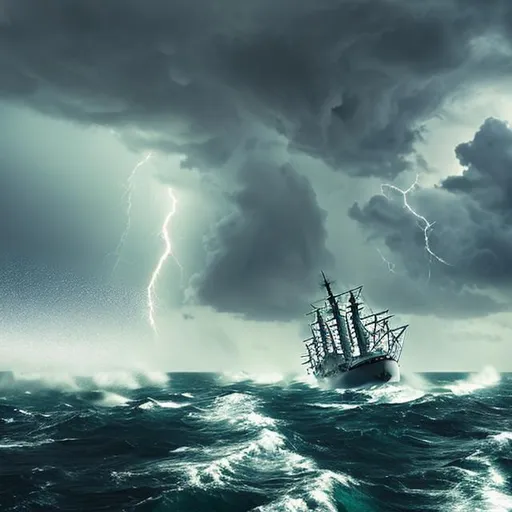 Prompt: ship cruising into rough seas with overhead thunder storm