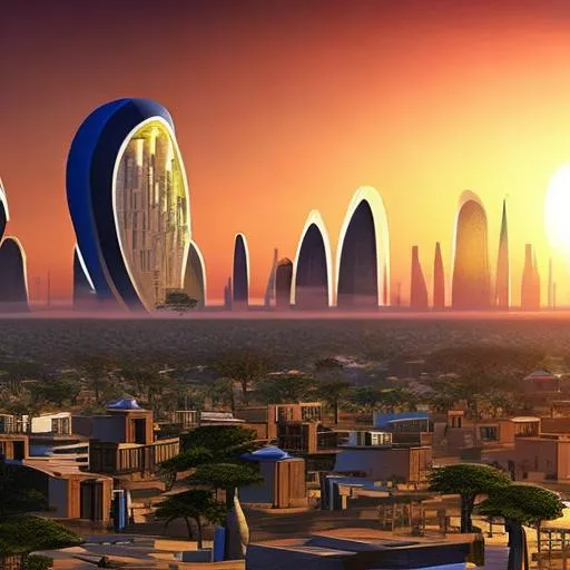 Prompt: future city, in Afrika, rounded and spikey architecture, in sunset