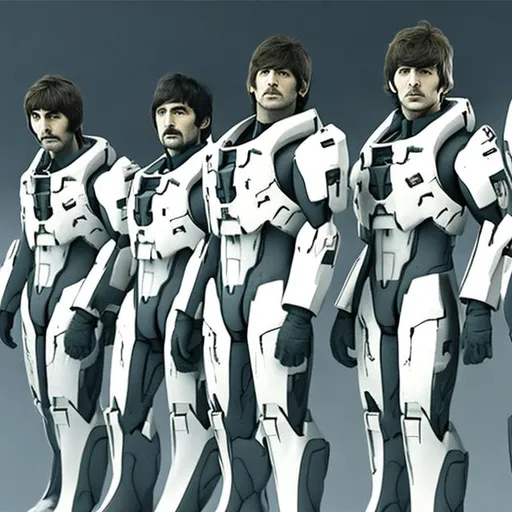 Prompt: the beatles in halo spartan suits without helmet
