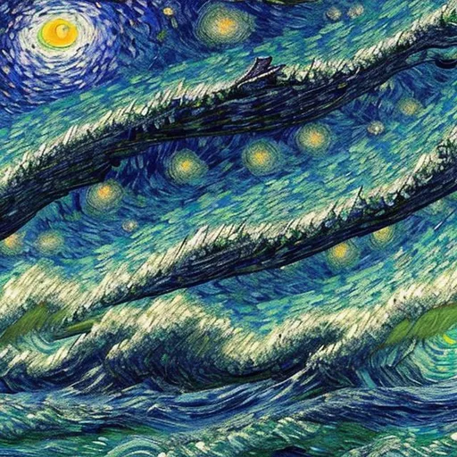 Prompt: humpback whales swimming within van gogh's starry night's sky