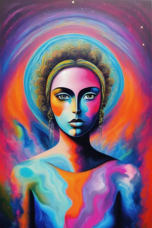 Prompt: Surreal portrait of beautiful female, cosmic landscape background, acrylic on canvas in style of post modernism 