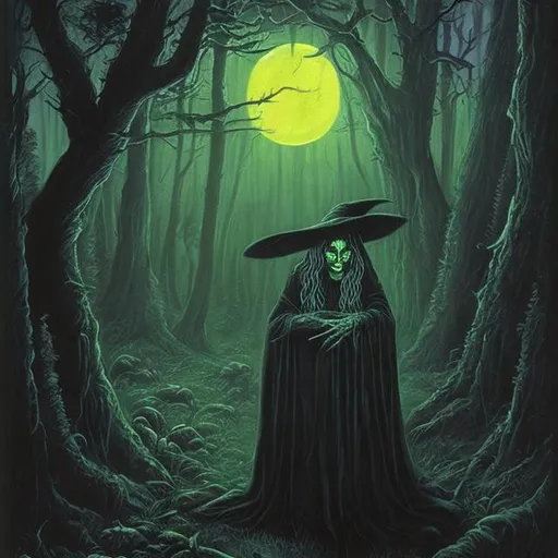 Prompt: Witch in the woods at night alone, style of Jeff Easley, Night Vision